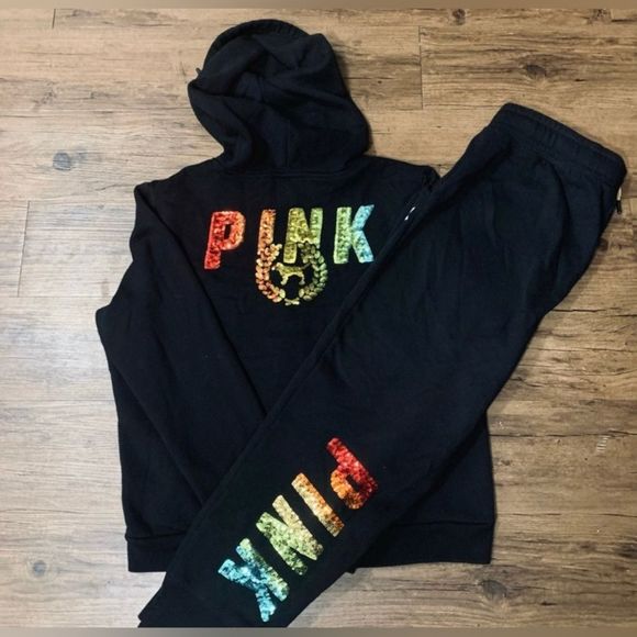 PINK VS RAINBOW OMBRÉ HOODIE / JOGGER OUTFIT SET M - Picture 2 of 16